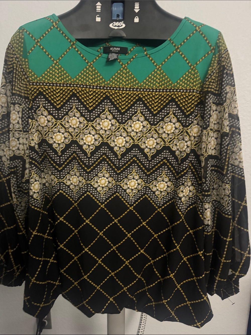 Alfani Black, Green & Gold Patterned Long-Sleeve Tunic